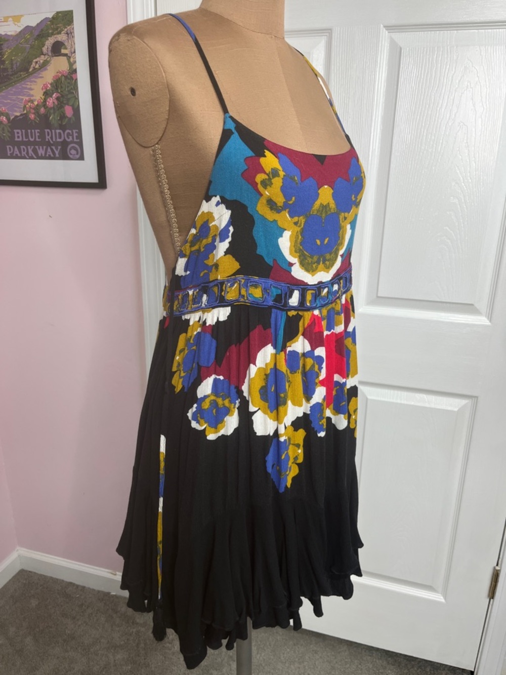 Free People Sweet Lucy Slip Dress Black Multi Size Small Oversized Loose Fit